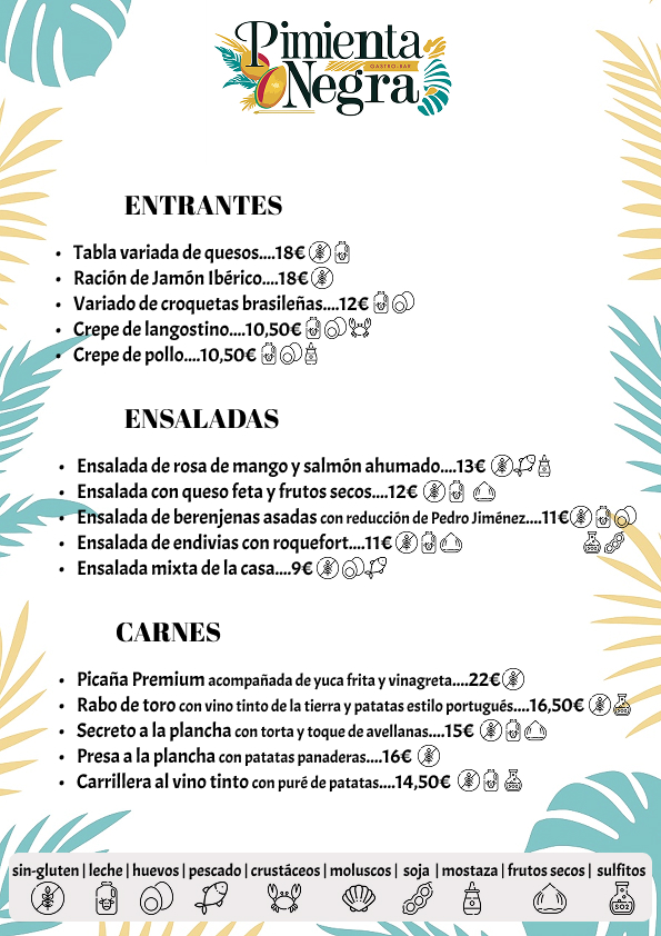 Pimienta Negra Gastrobar Carta Restaurante Gastrobar Pimienta Negra, comida casera en Valdefuentes, Cáceres | Entrantes | Ensaladas | Crêpes | Carnes