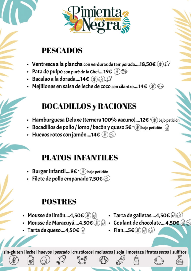 Pimienta Negra Gastrobar Carta Restaurante Gastrobar Pimienta Negra, comida casera en Valdefuentes, Cáceres | Bocadillos | Raciones | Platos infantiles | Postres