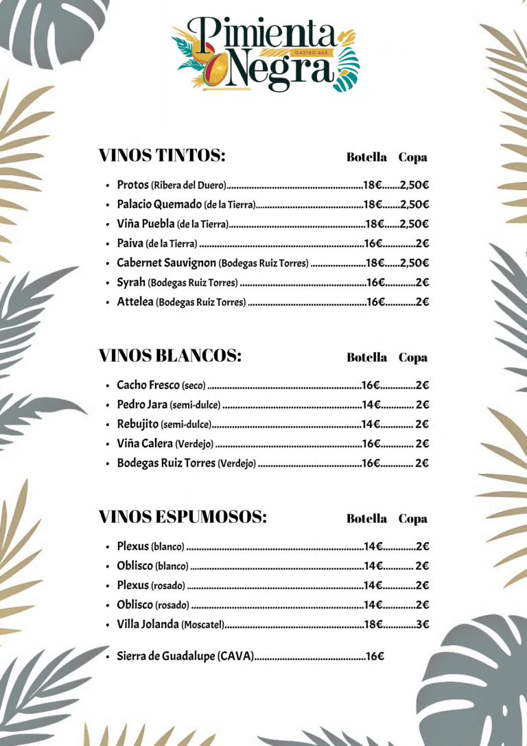 Carta de Vinos servidos en Pimienta Negra Gastrobar en Valdefuentes Cáceres